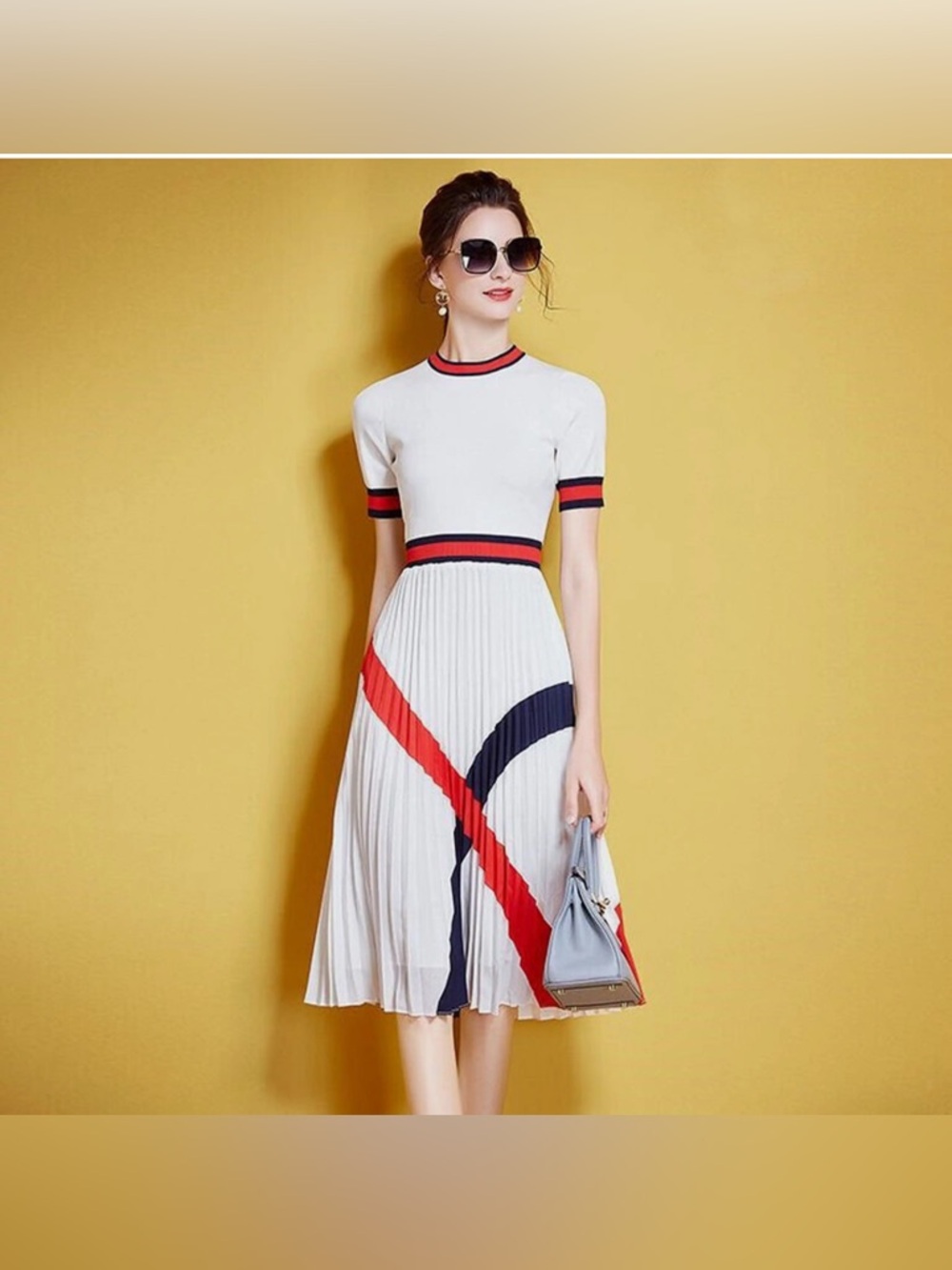 Ted Baker Finlie Dress, pleated, size:0,white navy & red stripe